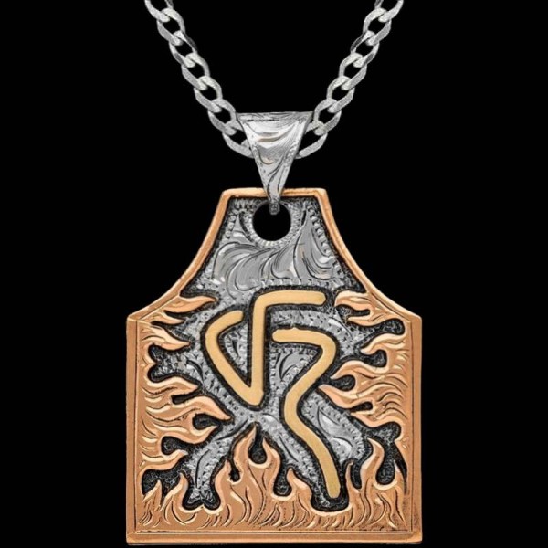 Cayenne, German Silver base 1.75"x1.50" with an antique finish. Jewelers Bronze Ranch Logo. Hand engraved Copper flames.

Chain not included. 
&nb